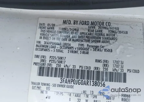 2010 Ford Fusion Sel из США, поврежденный, VIN 3FAHP0JG0AR138056